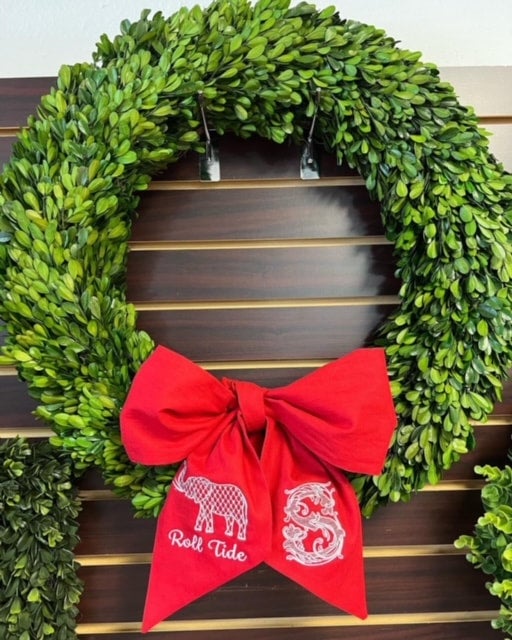 Red and green block print wreath sash, monogram available